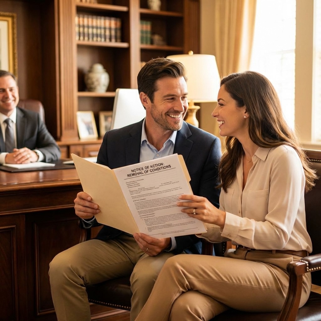Pareja revisando documentos para Remoción de Condiciones I-751